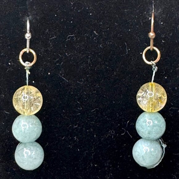 Handcrafted Citrine & Jadeite Beaded Drop Earrings Hook Boho Chic Y2K Handmade - Picture 2 of 5